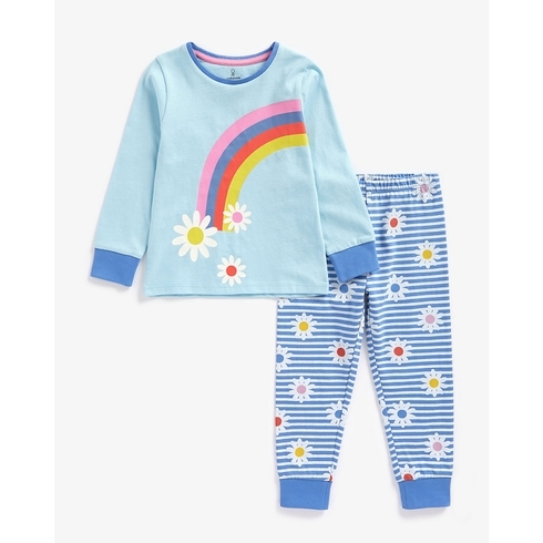 Girls Full Sleeves Pyjama Set Rainbow Design-Multicolor