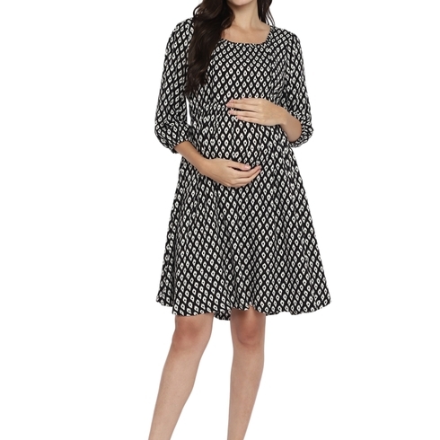 Womens Short Sleeves Maternity Dress-White & Black