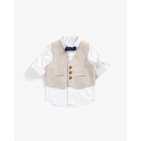 Boys Full Sleeves Shirt With Waistcoat And Bow -Brown