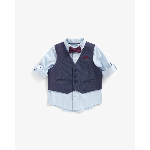 Boys Full Sleeves Shirt With Waistcoat And Bow -Multicolor
