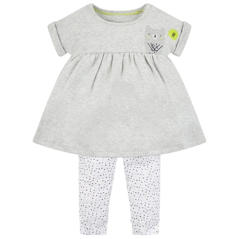 Girls Half Sleeves Dress And Legging Set Bear Print - Grey White