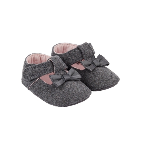 Grey Bow T-Bar Pram Shoes