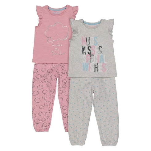 Girls Half Sleeves Pyjamas Star And Cloud Printed With Special Wishes - Pack Of 2 - Pink Grey