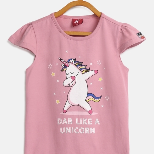 Girls Half Sleeve T-Shirts Unicorn Dab-Pink