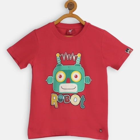 Boys Half Sleeve T-Shirts Robot Face-Red