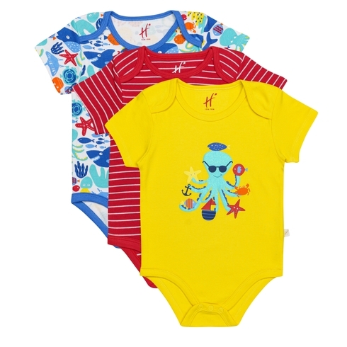 H by Hamleys Boys Short Sleeves Bodysuit Sea Print-Pack of 3-Multicolor