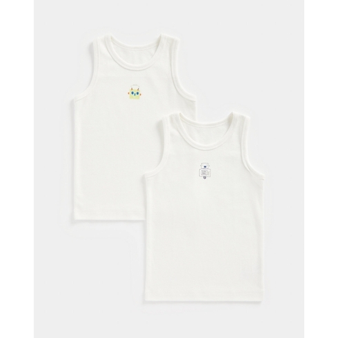 Boys Sleeveless Vest Playful Robot Design-Pack of 2-White