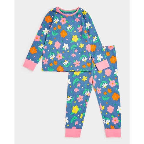 Girls Full Sleeves Pyjama Set Floral All Over Print-Multicolor