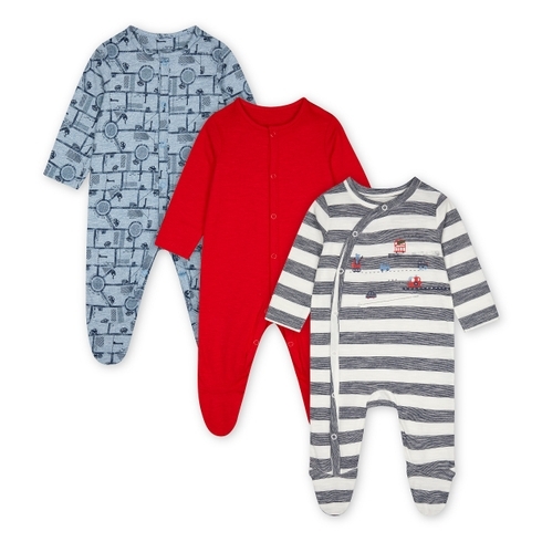 Boys Full Sleeves Sleepsuit Vehicle Print - Pack Of 3 - Multicolor