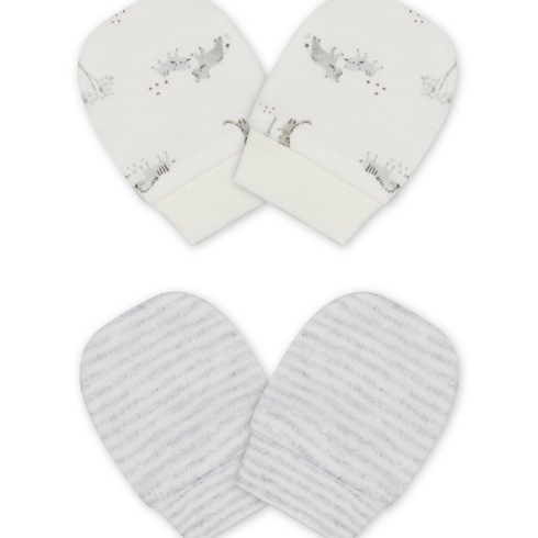 Unisex Mitts Stripe And Animal Print - Pack Of 2 - White Grey