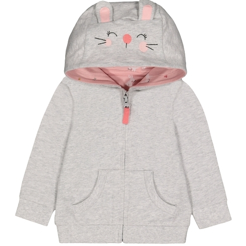 Girls Full Sleeves Hooded Sweatshirt Bunny Embroidery And 3D Ear Details - Grey
