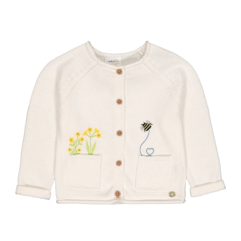 Girls Full Sleeves Cardigan Bee And Floral Embroidery - White