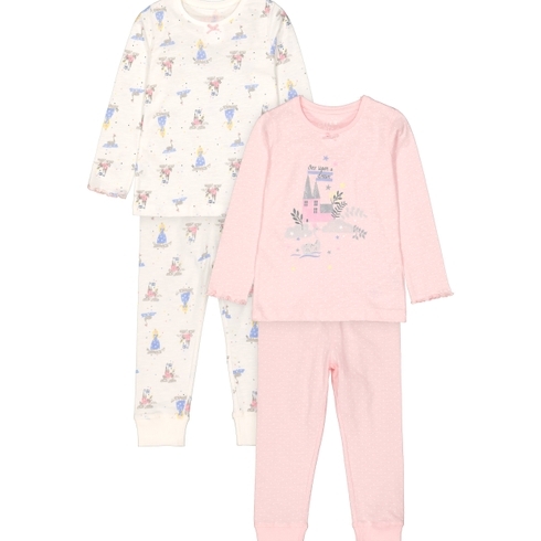 Girls Full Sleeves Pyjama Set Fairytale Print - Pack Of 2 - Pink Cream
