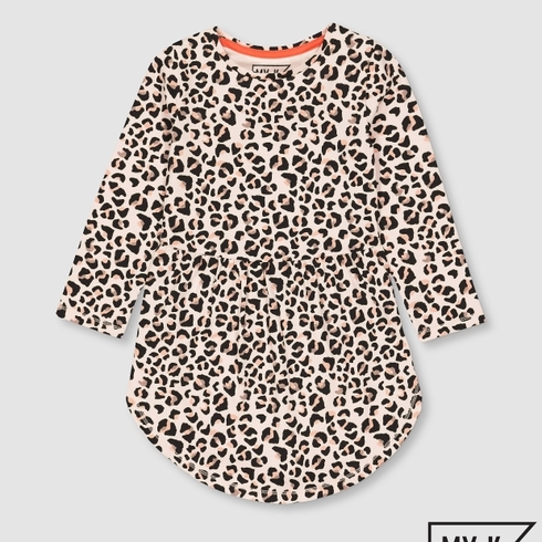 Girls Full Sleeves Dress Leopard Print - Pink Black