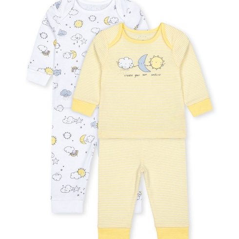 Unisex Full Sleeves Pyjama Set Weather Print - Pack Of 2 - Yellow