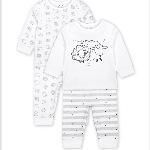 Unisex Full Sleeves Pyjama Set Sheep Print - Pack Of 2 - White
