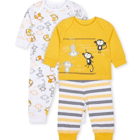 Boys Full Sleeves Pyjama Set Monkey Print - Pack Of 2 - Yellow