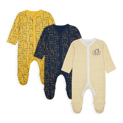 Boys Full Sleeves Sleepsuit Striped And Bear Print - Pack Of 3 - Multicolor