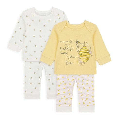 Girls Full Sleeves Pyjama Set Bee Print - Pack Of 2 - Yellow White