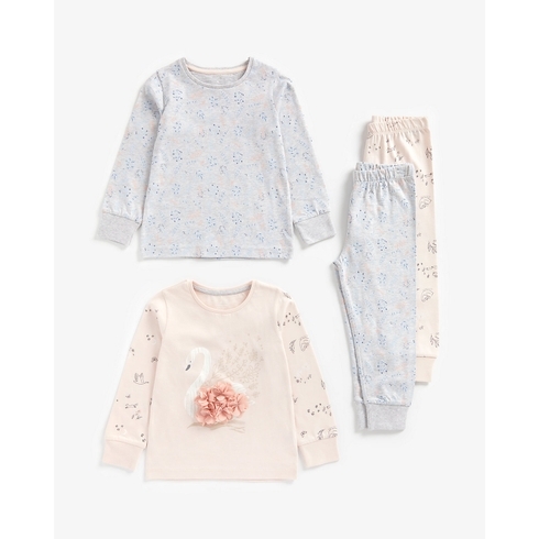 Girls Full Sleeves Swan Pyjama Set 3D Flower Detail - Pack Of 2 - Multicolor