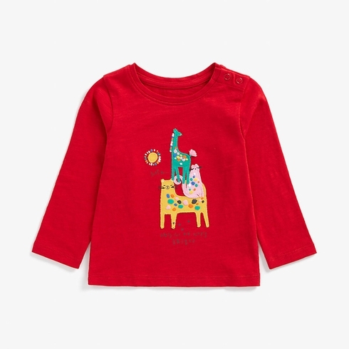 Girls Full Sleeves T-Shirt Animal Embroidery - Red