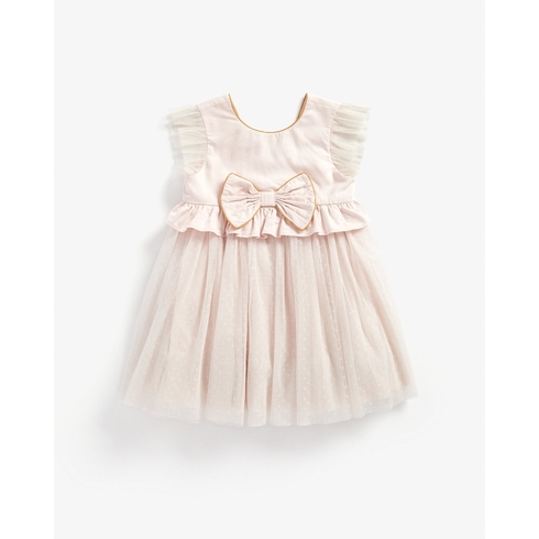Girls Half Sleeves Mesh Party Dress Bow Detail - Pink