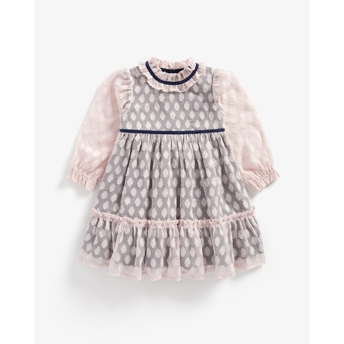 Girls Full Sleeves Party Dress With Frilled Neckline - Pink