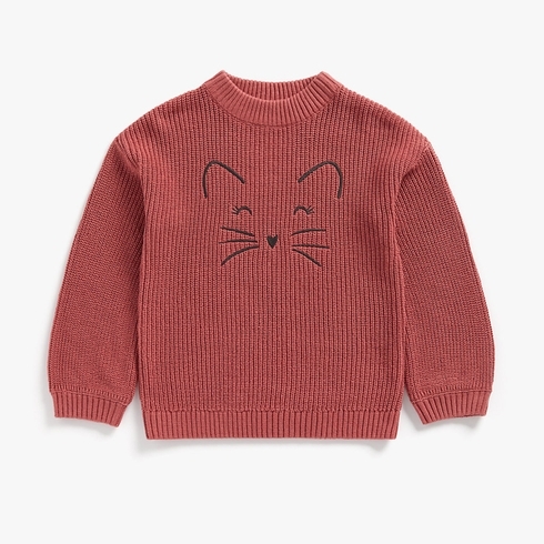 Girls Full Sleeves Sweater Cat Embroidery - Pink