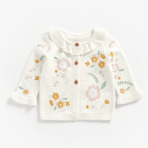 Girls Full Sleeves Cardigan Floral Embroidery - White