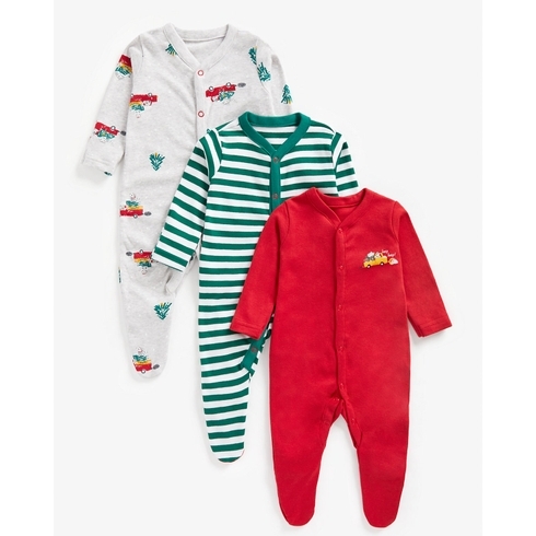 Boys Full Sleeves Sleepsuits Vehicle & Striped-Pack of 3-Multicolor