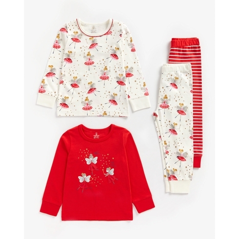 Girls Full Sleeves Pyjama Set Fairy Print - Pack Of 2 - Multicolor