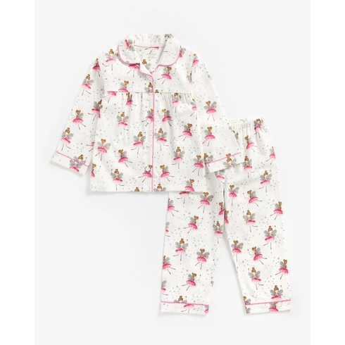 Girls Full Sleeves Woven Pyjama Set Fairy Print - White