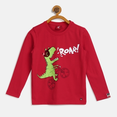 H by Hamleys Boys Full Sleeves T-Shirt Dino Print -Red