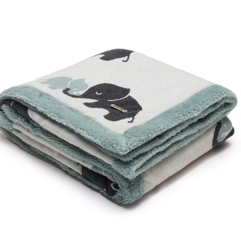 Pluchi Indian Elephant Blanket with Faux Fur Ivory & Blue