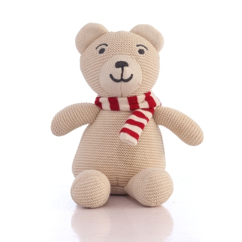 Pluchu Baby Bear Knitted Soft Toy Natural & Red
