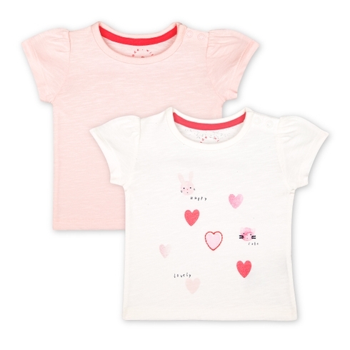 Girls Half Sleeves T-Shirt Heart Print - Pack Of 2 - Pink White