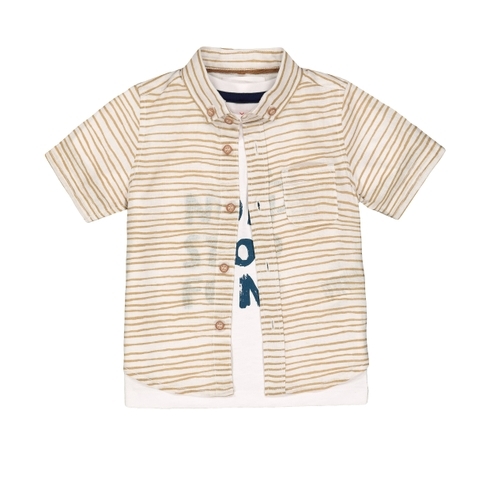 Boys Half Sleeves Shirt And T-Shirt Set Stripe Text Print - White Beige