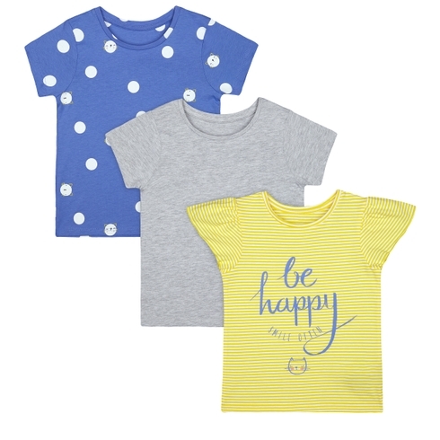 Girls Half Sleeves T-Shirt Polka Dot And Text Print - Pack Of 3 - Yellow Grey Blue