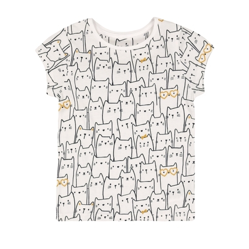 Girls Half Sleeves T-Shirt Glitter Cat Print - White