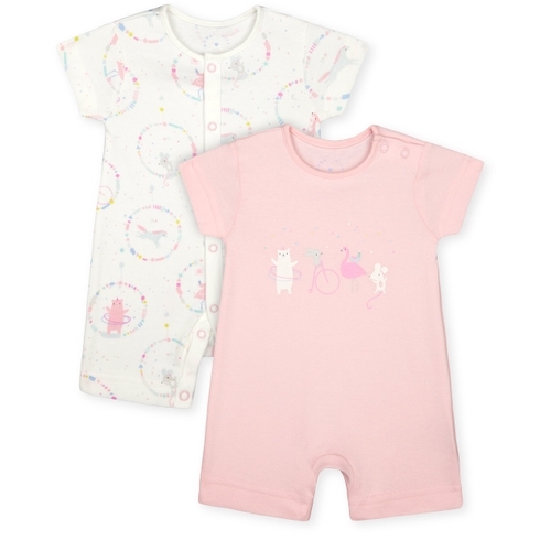 Girls Half Sleeves Romper Circus Print - Pack Of 2 - Pink White