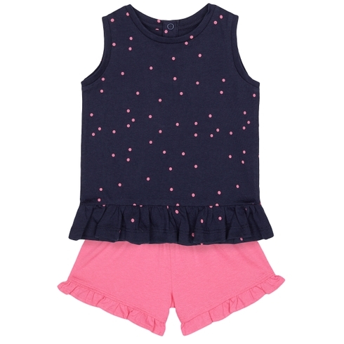 Girls Sleeveless T-Shirt And Shorts Set Polka Dot Print - Navy Pink