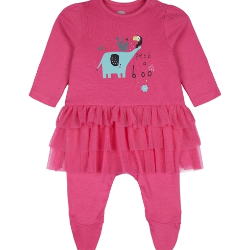 Girls Full Sleeves Frock Style Romper Elephant Print - Pink