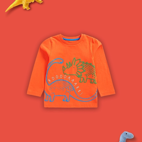 Boys Cotton White Orange Printed Casual Loose Fit T-Shirt