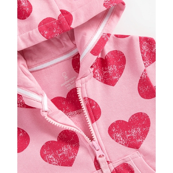 Girls Full Sleeves Hooded Sweatshirt Heart Print - Pink