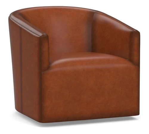 Baldwin Leather Swivel Armchair, Polyester Wrapped Cushions, Burnished Saddle