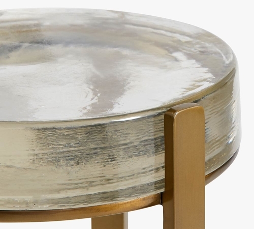 Cori 10 Inches Round Accent Table, Recycled Clear Glass Top - Brass Base