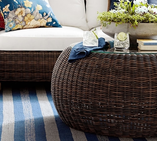 Torrey All-Weather Wicker Pouf Coffee Table With Glass