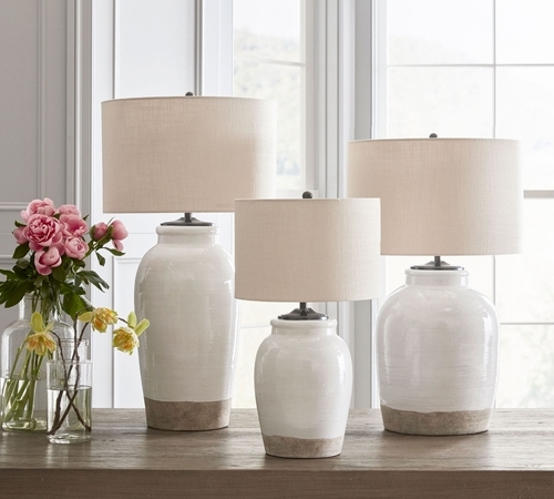 Miller Large Table Lamp, Ivory Base with Textured Straight Sided Shade, Sand