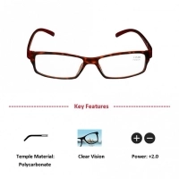 Brown Rectangle (+2.0 Power) Polycarbonate Unisex Medium HFDM01NN Reading Glasses
