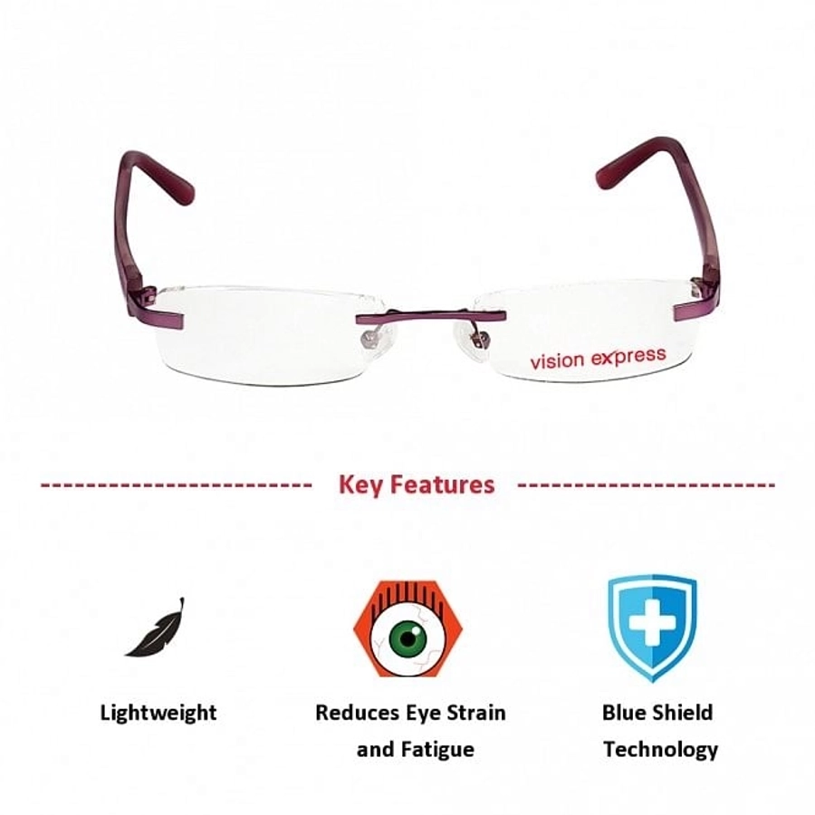Blue Shield (Zero Power) Computer Glasses: Rimless Rectangle Purple Metal Small 48785